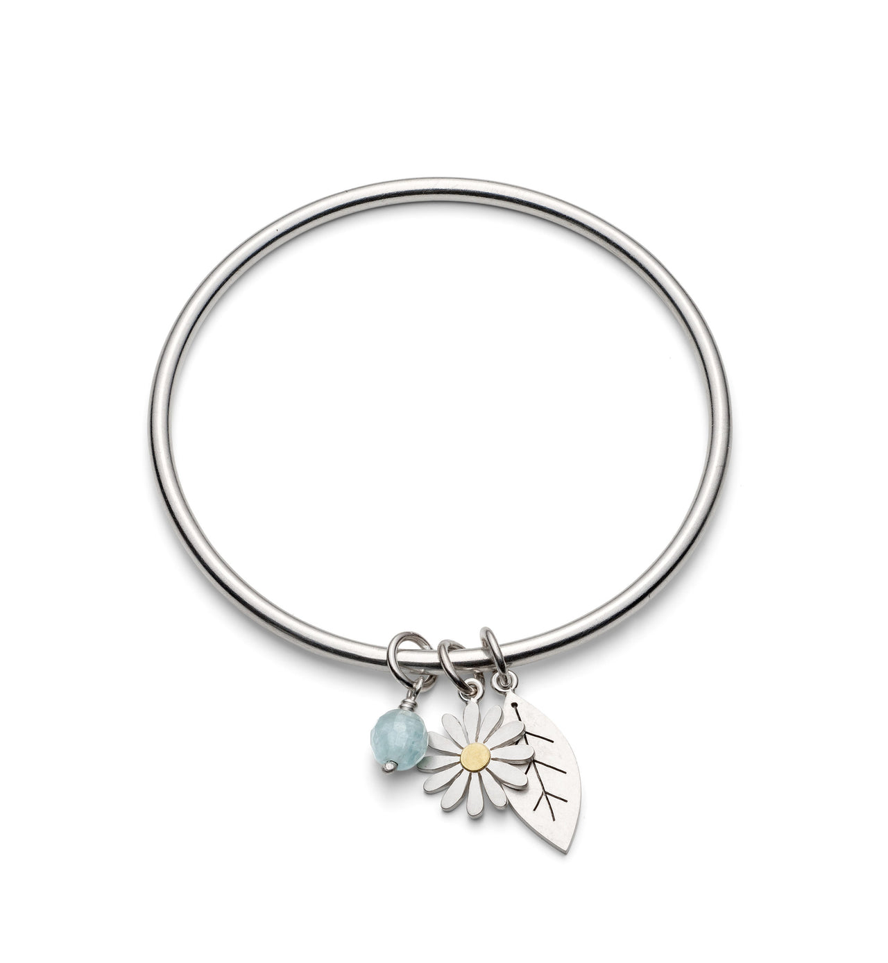 Sterling Silver Bangle, with Silver, 18ct Gold & Aquamarine Charms