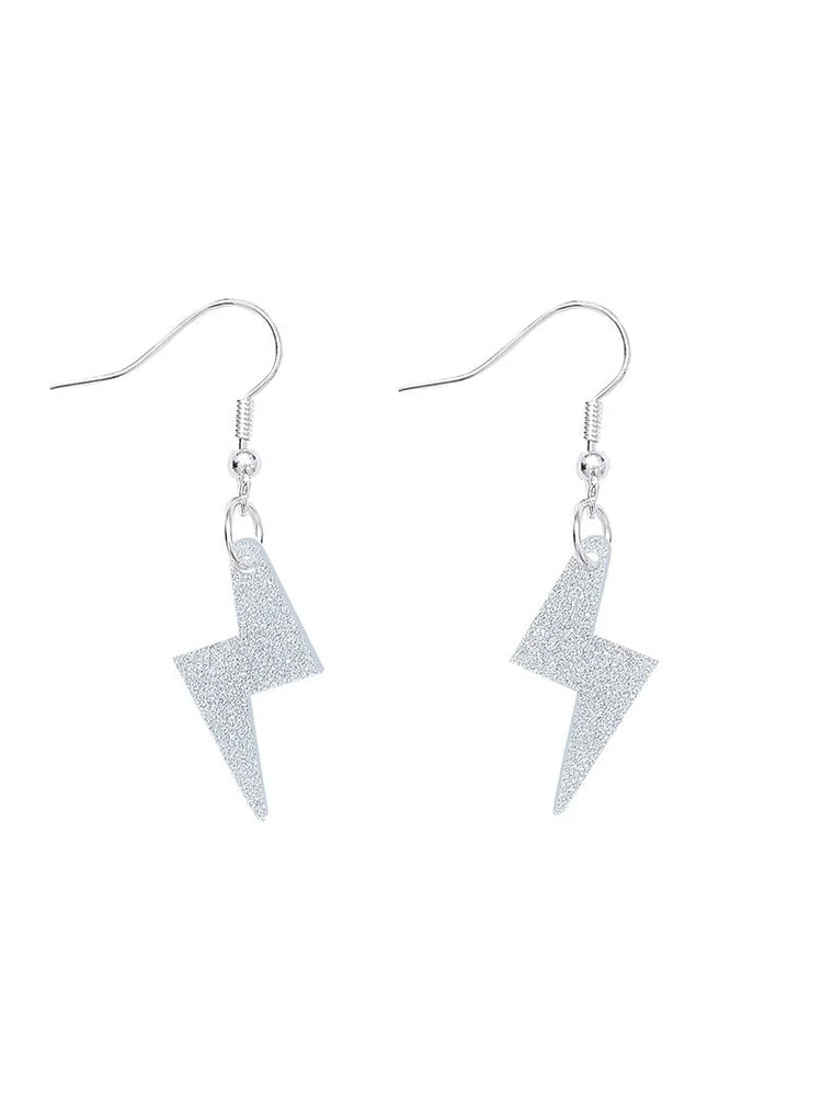 Silver glitter lightning bolt charm earrings