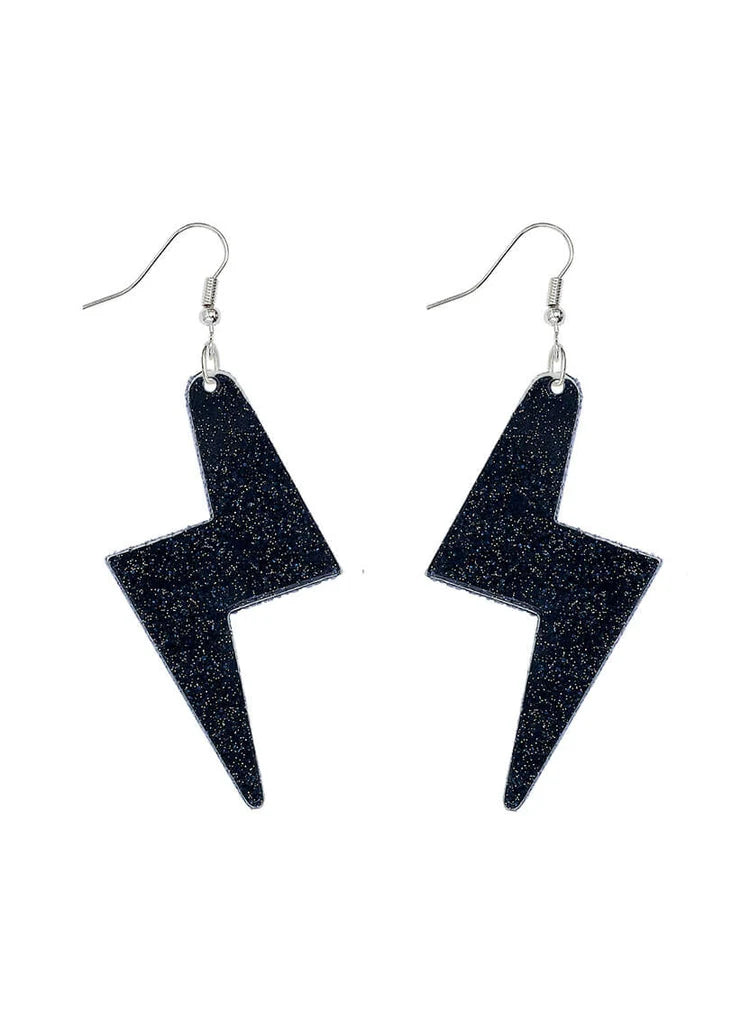 Large black glitter lightning bolt earrings