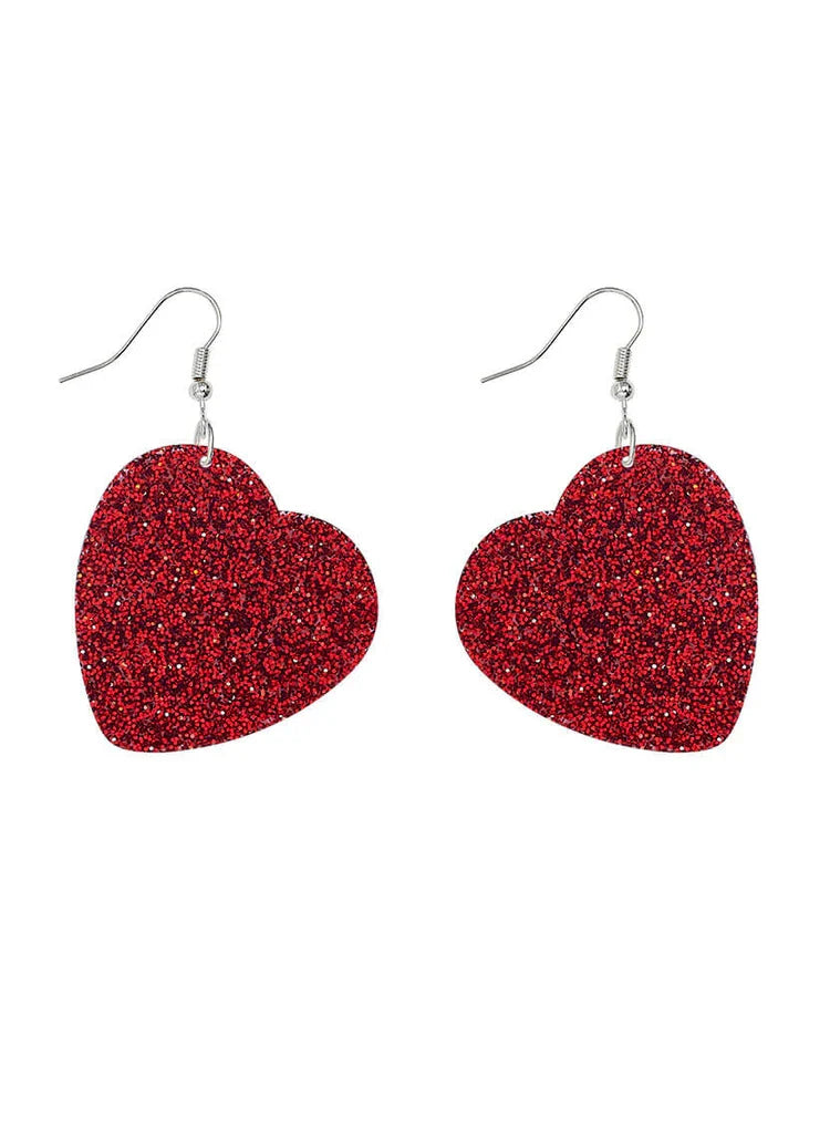 Large red glitter heart charm earrings