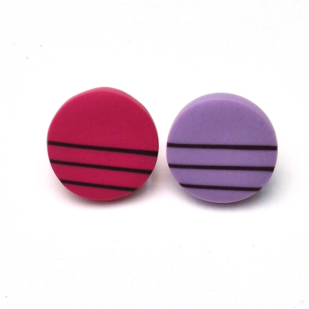 Stud Earrings Cerise and Lilac with Maroon Stripes
