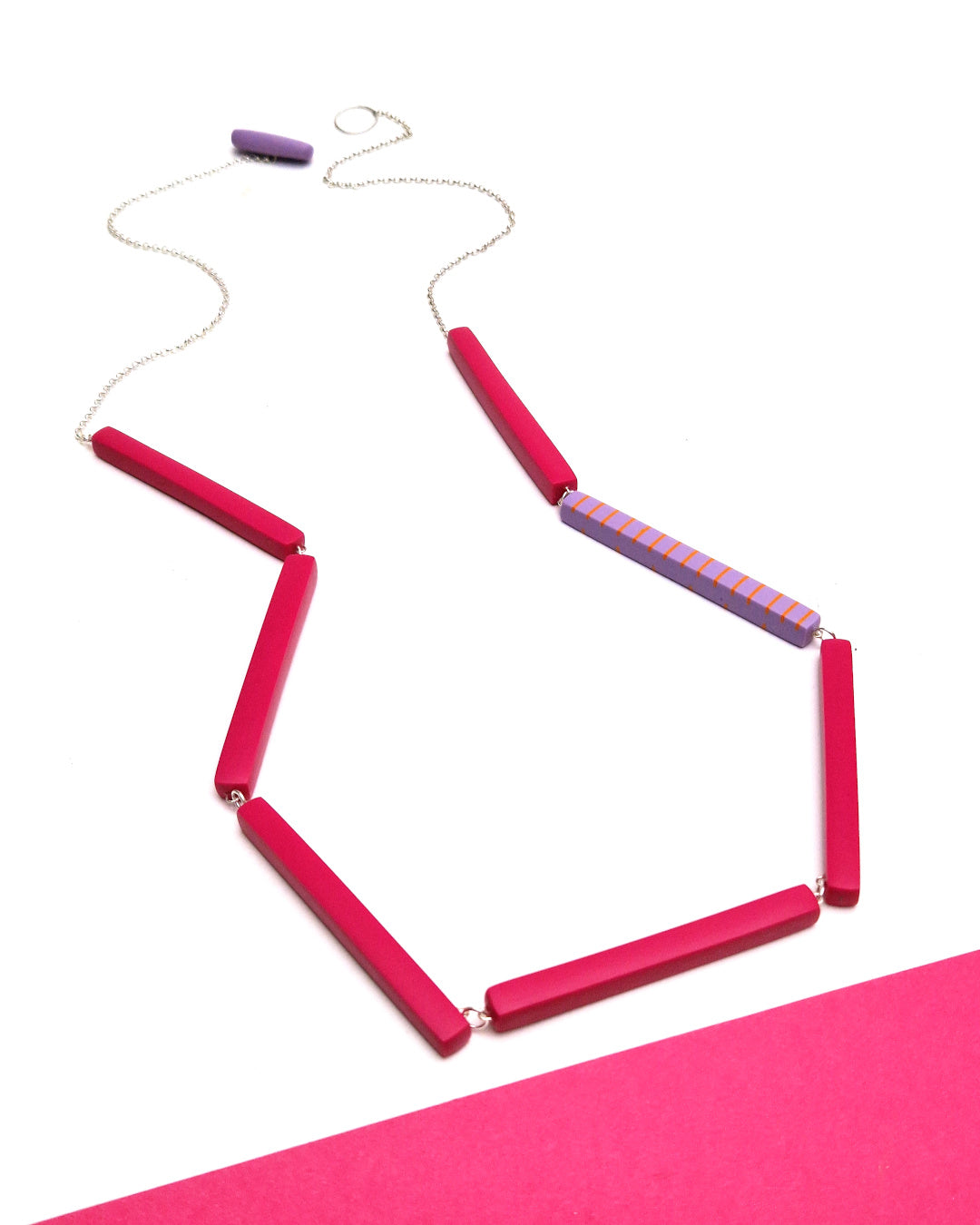 Resin Rectangle Necklace - Cerise and Lilac with Orange Stripes