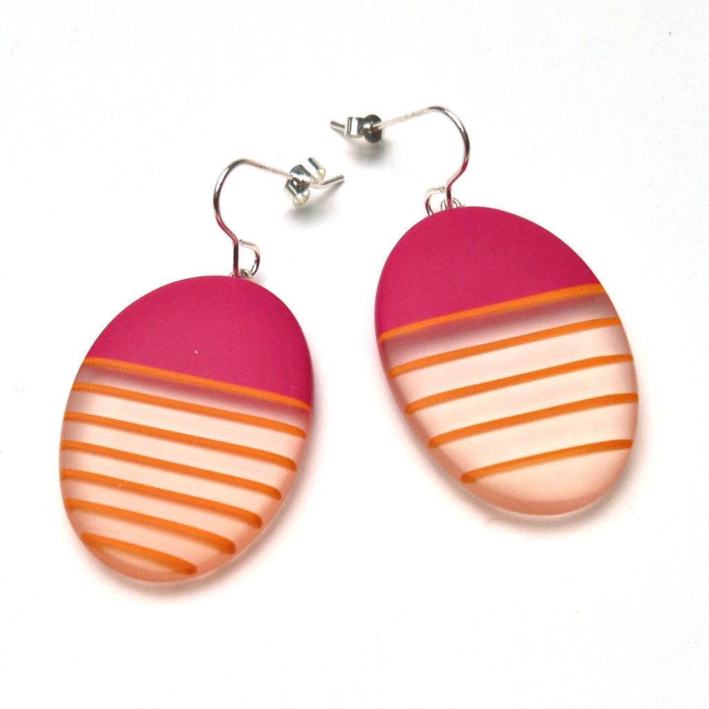 Large Oval Drop Resin Earrings - Pink with Orange Stripes