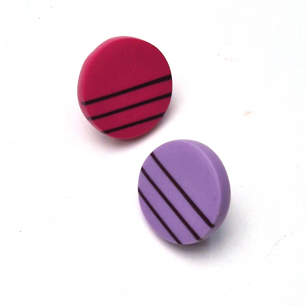 Stud Earrings Cerise and Lilac with Maroon Stripes