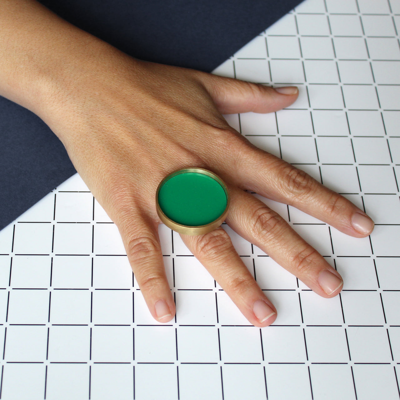 Brushed Brass Green Circle Ring